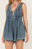 Distressed V Neck Denim Overall 