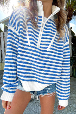 Sky Blue Stripe Zip up Collar Drop Shoulder Sweater