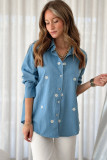 Dusk Blue Floral Embroidered Curved Hem Tunic Shirt