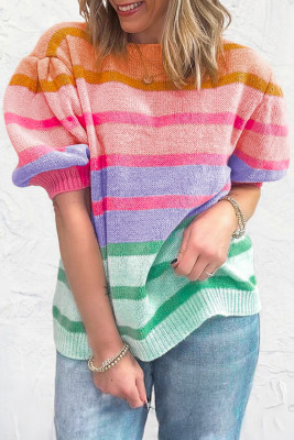 Rose Red Colorful Stripe Bubble Short Sleeve Sweater