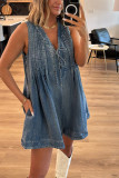 Distressed V Neck Denim Overall 