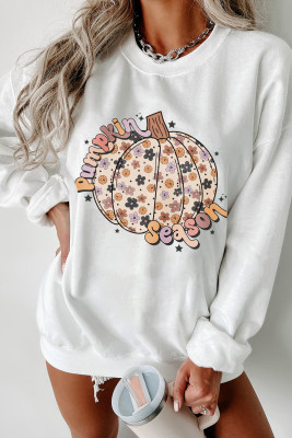 White Floral Pumpkin Season Graphic Loose Sweatshirt