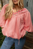 Apricot Pink Geometric Embroidered V Neck Puff Sleeve Blouse