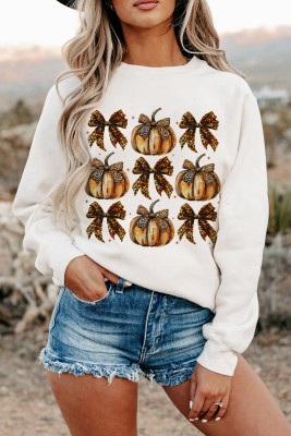 Beige Pumpkin Leopard Bow Knot Print Pullover Sweatshirt