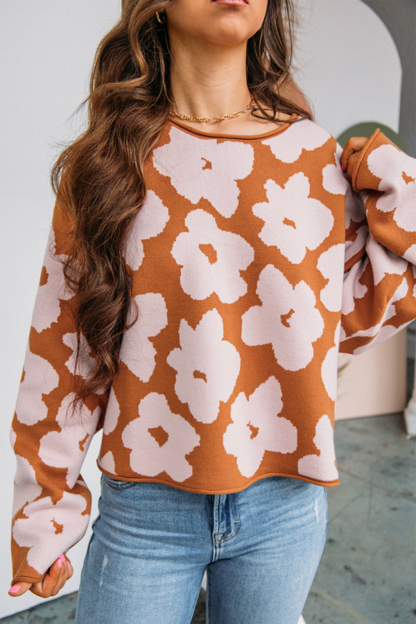 Brown Floral Pattern Crew Neck Long Sleeve Loose Sweater