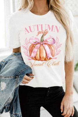 White Autumn Girly Thanksgiving Bowknot Pumpkin Graphic T Shirt