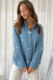 Dusk Blue Floral Embroidered Curved Hem Tunic Shirt