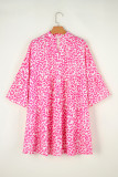 Bright Pink Leopard Printed Long Sleeve Buttoned Front Mini Dress