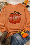 Orange Sequined Pumpkin Ribbed Round Neck Halloween Sweatshirt