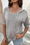 Light Grey Openwork Drawstring Hooded Short Sleeve Sweater Top