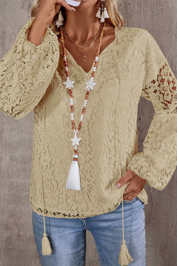 V Neck Lace Crochet Long Sleeves Top 