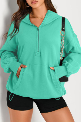 Aruba Blue Solid Kangaroo Pocket Half Zipper Oversized Hoodie