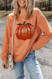 Orange Sequined Pumpkin Ribbed Round Neck Halloween Sweatshirt