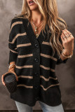 Black Stripe Buttoned V Neck Drop Shoulder Loose Cardigan