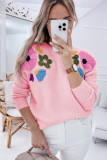 Pink Knitted Flower Pattern Ribbed Edge Sweater