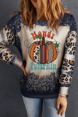 Black Leopard Pumpkin Bleached Halloween Graphic Sweatshirt