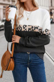 Black Leopard Colorblock Round Neck Long Sleeve Top