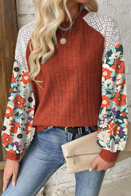 Cinnamon Floral Patchwork Long Sleeve Ribbed Blouse