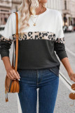 Black Leopard Colorblock Round Neck Long Sleeve Top