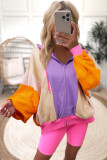 Grapefruit Orange Oversized Colorblock Patchwork Full Zipped Hoodie