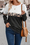 Black Leopard Colorblock Round Neck Long Sleeve Top