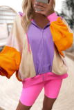 Grapefruit Orange Oversized Colorblock Patchwork Full Zipped Hoodie