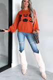 Orange Halloween Pumpkin Face Pattern Drop Shoulder Sweater