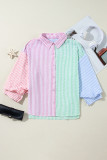 Pink Stripe Color Block Balloon Sleeve Buttoned Loose Fit Shirt