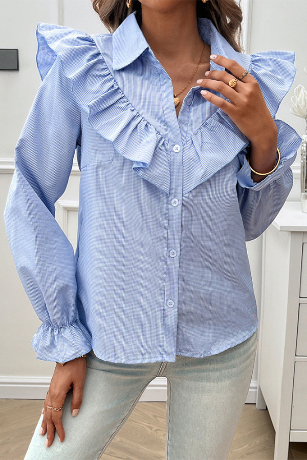 Blue Ruffle Puff Sleeves Shirt 