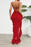 Red Spaghetti Ruffle Mesh Dress 