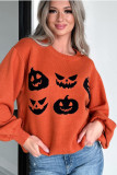 Orange Halloween Pumpkin Face Pattern Drop Shoulder Sweater