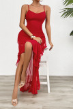 Red Spaghetti Ruffle Mesh Dress 