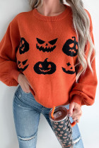 Orange Halloween Pumpkin Face Pattern Drop Shoulder Sweater