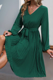 Green V Neck Puff Sleeves Smocked Dress 