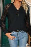 Lace Sleeves Black V Neck Button Top 