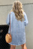 Beau Blue Mineral Wash Long Sleeve Button Up Raw Hem Pocketed Denim Dress