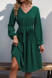 Green V Neck Puff Sleeves Smocked Dress 