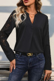 Black V Neck Lace Sleeves Blouse 