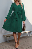 Green V Neck Puff Sleeves Smocked Dress 