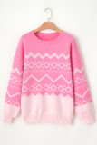 Pink Western Aztec Geometric Drop Shoulder Sweater