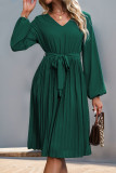 Green V Neck Puff Sleeves Smocked Dress 