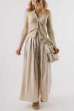 Beige Drawstring Waist Pleated Wide Leg Casual Pants