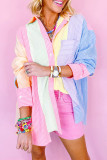 Pink Stripe Color Block Chest Pocket Oversized Shirt