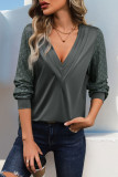 Grey V Neck Lace Sleeves Top 