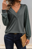 Grey V Neck Lace Sleeves Top 