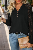 Lace Sleeves Black V Neck Button Top 