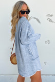 Beau Blue Mineral Wash Long Sleeve Button Up Raw Hem Pocketed Denim Dress