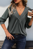 Grey V Neck Lace Sleeves Top 