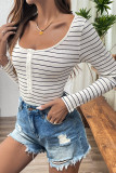 Stripes Long Sleeves U Neck One Piece Bodysuit 