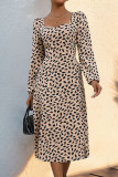 Square Neck Leopard Puff Sleeves Dress 